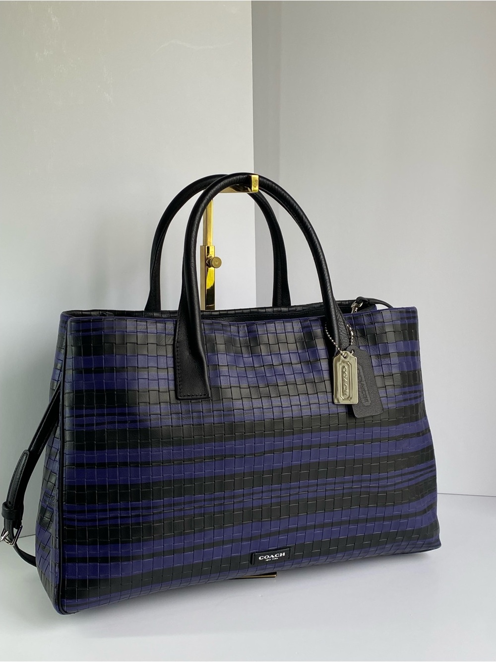 Coach Bleecker Woven Purple and Black Leather Satchel